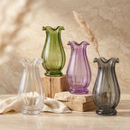 Garden Tulip Ruffle Glass Vase — Hand-Blown Glass from Firozabad, India — Styled for Home Décor