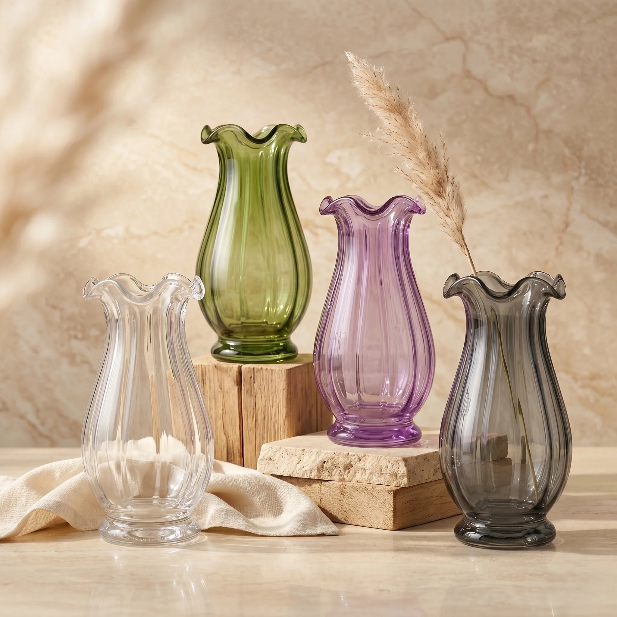 Garden Tulip Ruffle Glass Vase — Hand-Blown Glass from Firozabad, India — Styled for Home Décor