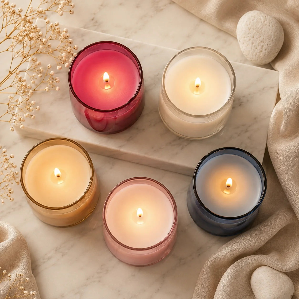 Sandalwood Classic Cylinder Glass Soy Wax Candle | 5 Colours — Hand-Blown Glass from Firozabad, India — Styled for Home Décor