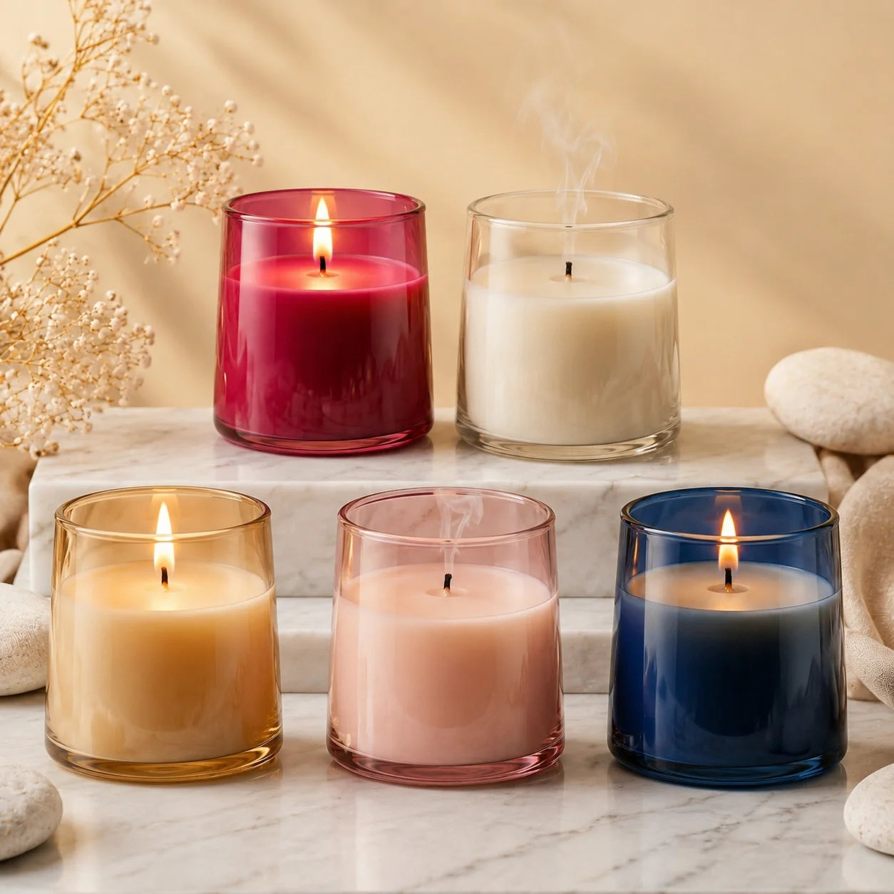 Sandalwood Classic Cylinder Glass Soy Wax Candle | 5 Colours — Hand-Blown Glass from Firozabad, India — Lifestyle Setting
