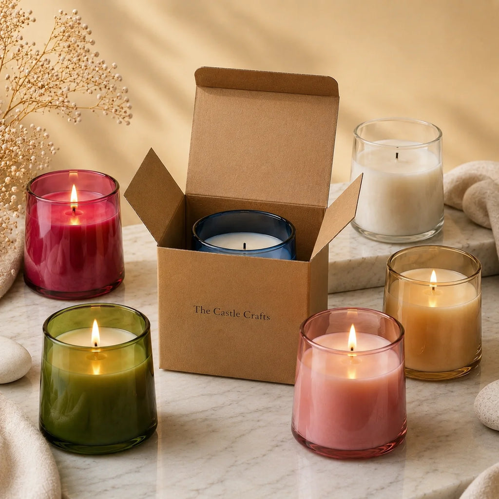 Sandalwood Classic Cylinder Glass Soy Wax Candle | 5 Colours — Hand-Blown Glass from Firozabad, India — Texture & Craftsma...