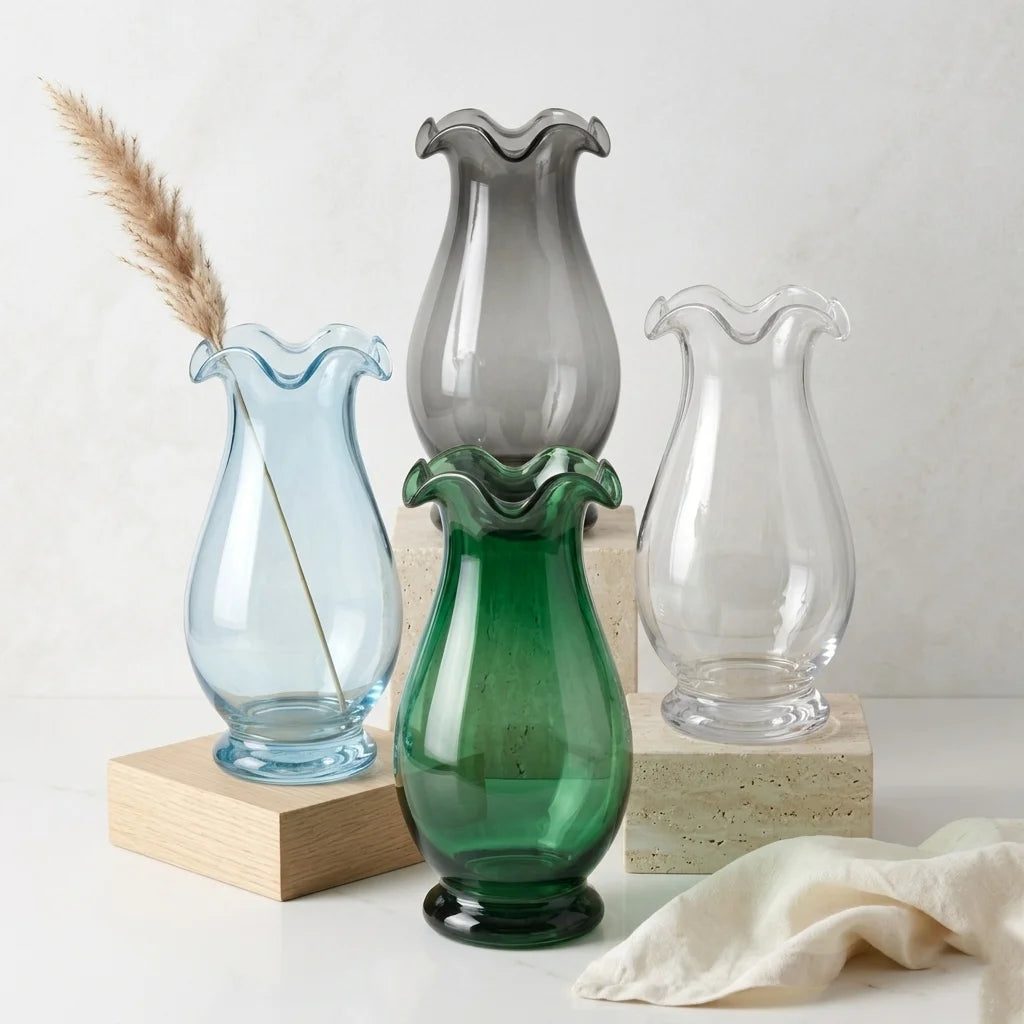 Aria Ruffle Smooth Glass Vase — Hand-Blown Glass from Firozabad, India | Floral Arrangements & Home Styling