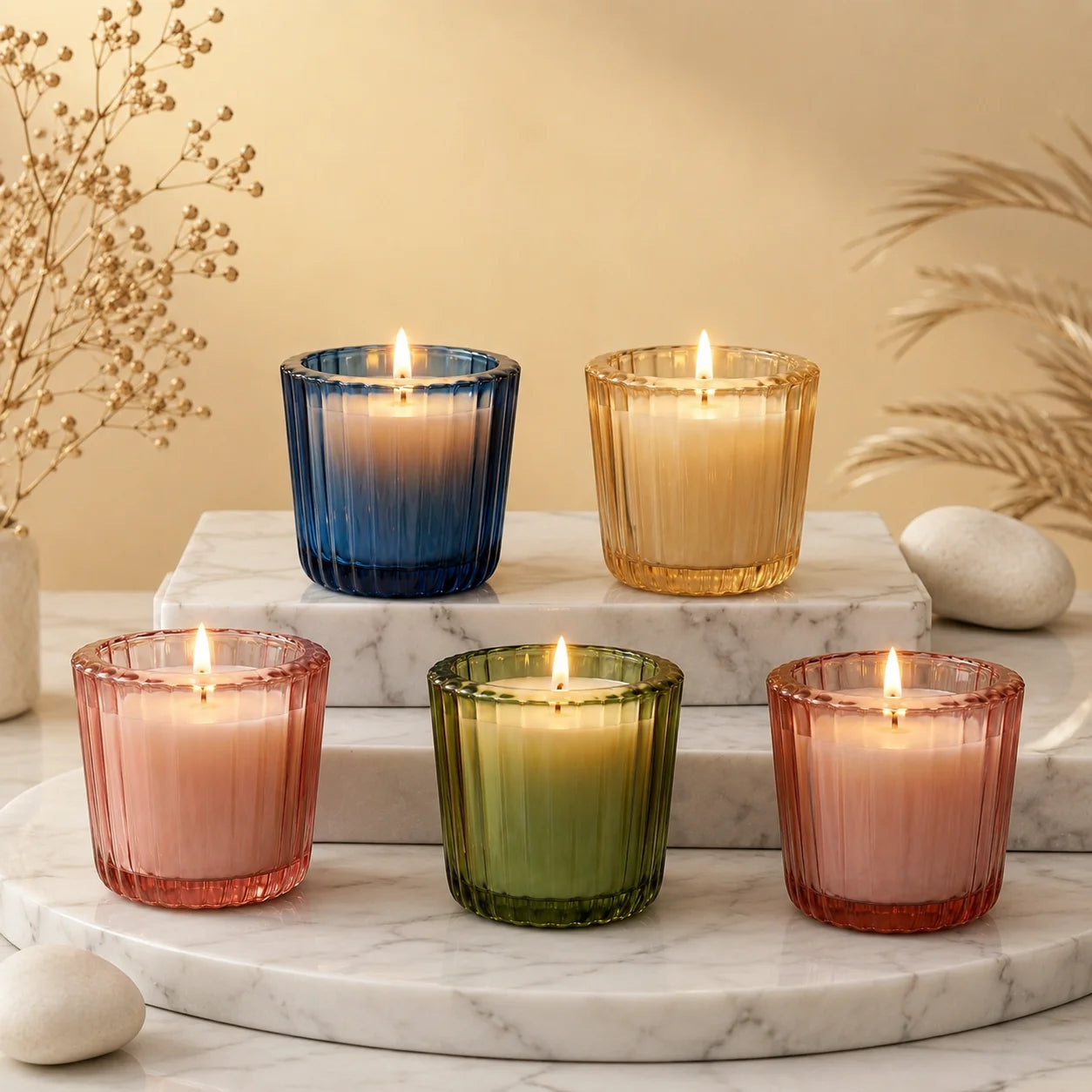 Musk Scallop Edge Ribbed Glass Soy Wax Candle | Festive Gift — Hand-Blown Glass from Firozabad, India — Side Angle View