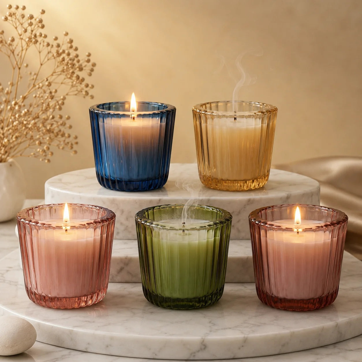 Musk Scallop Edge Ribbed Glass Soy Wax Candle | Festive Gift — Hand-Blown Glass from Firozabad, India — Detail Close-Up