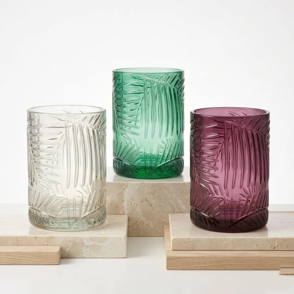 Canopy Fern Embossed Glass Vase — Hand-Blown Glass from Firozabad, India — Side Angle View