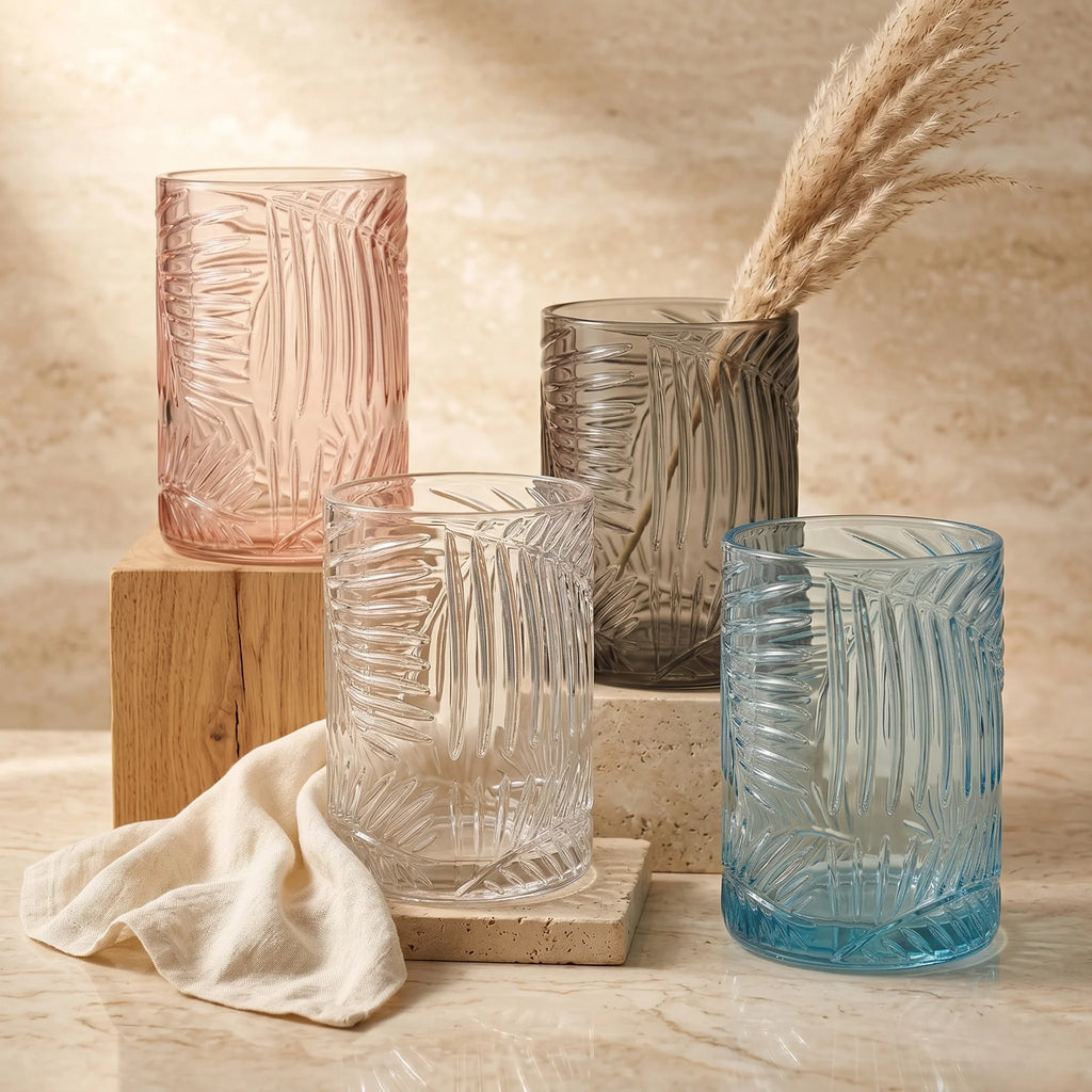 Tropical Fern Embossed Glass Vase — Hand-Blown Glass from Firozabad, India — Side Angle View