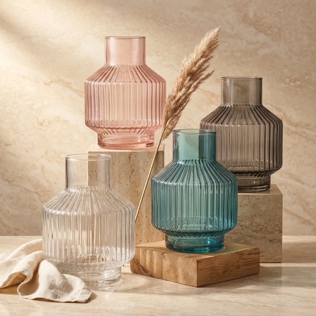 Prism Rib Lantern Glass Vase — Hand-Blown Glass from Firozabad, India — Side Angle View