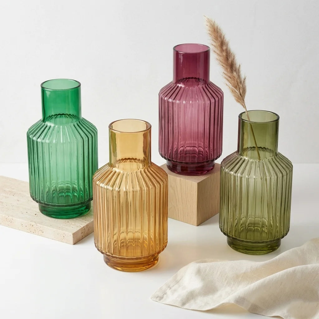 Eden Carafe Ribbed Glass Vase — Hand-Blown Glass from Firozabad, India — Detail Close-Up