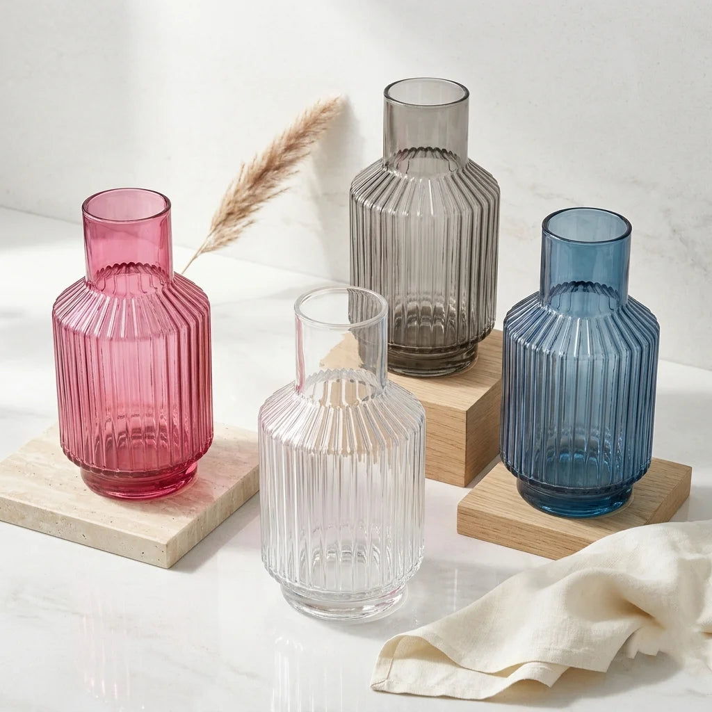 Mist Carafe Ribbed Glass Vase — Hand-Blown Glass from Firozabad, India — Styled for Home Décor