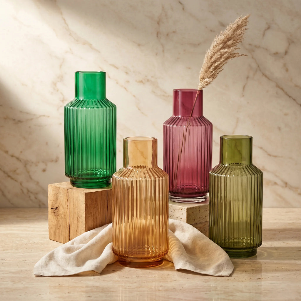 Grand Carafe Ribbed Glass Vase — Hand-Blown Glass from Firozabad, India | Floral Arrangements & Home Styling