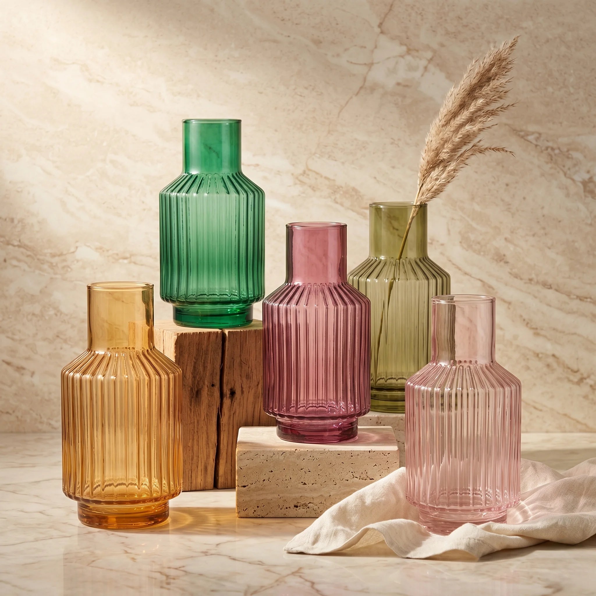Eden Carafe Ribbed Glass Vase — Hand-Blown Glass from Firozabad, India — Side Angle View
