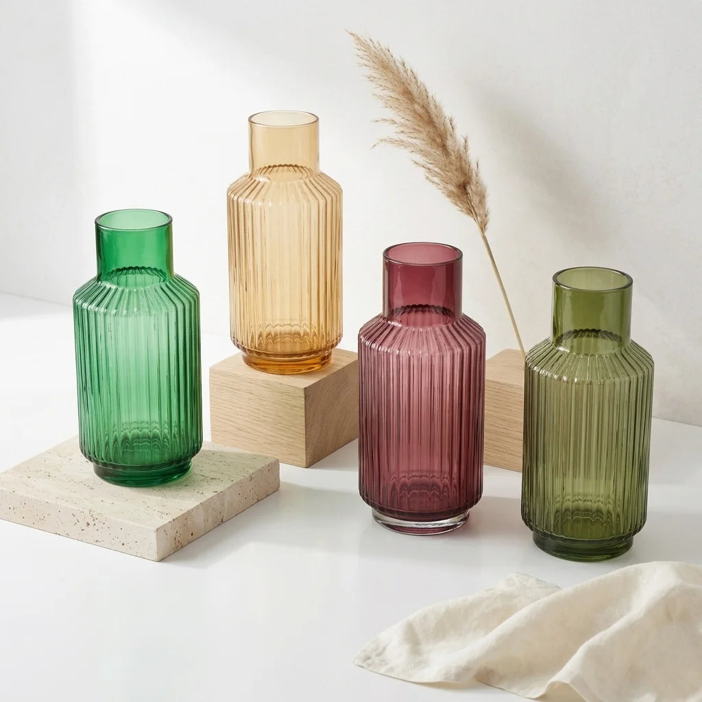 Eden Carafe Ribbed Glass Vase — Hand-Blown Glass from Firozabad, India — Styled for Home Décor