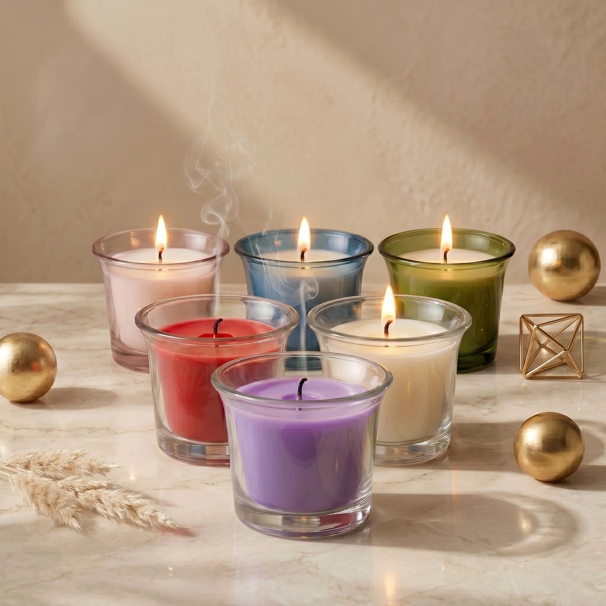 Rose Clear Glass Soy Wax Votive Candle | 6 Colours — Pack of 6 — Hand-Blown Glass from Firozabad, India | Home Décor, Gift...