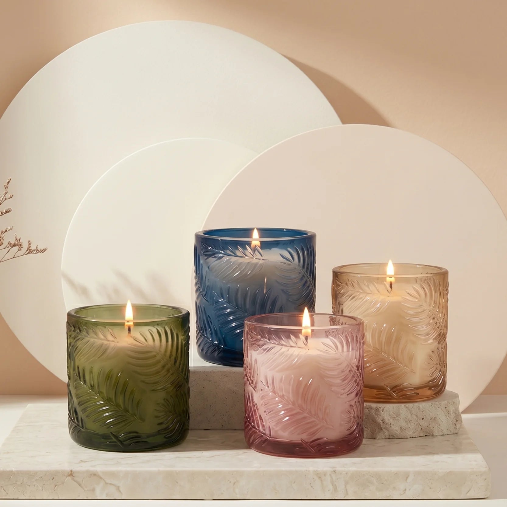 Lilly Bloom Leaf Embossed Glass Soy Wax Candle | Botanical Gift — Hand-Blown Glass from Firozabad, India | Home Décor, Gif...