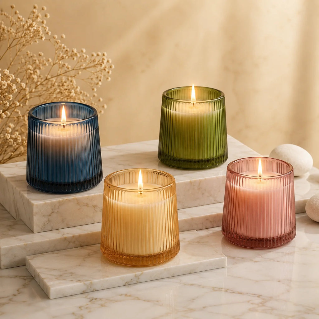 Oud Tapered Ribbed Glass Soy Wax Candle — Hand-Blown Glass from Firozabad, India | Home Décor, Gifting & Aromatherapy
