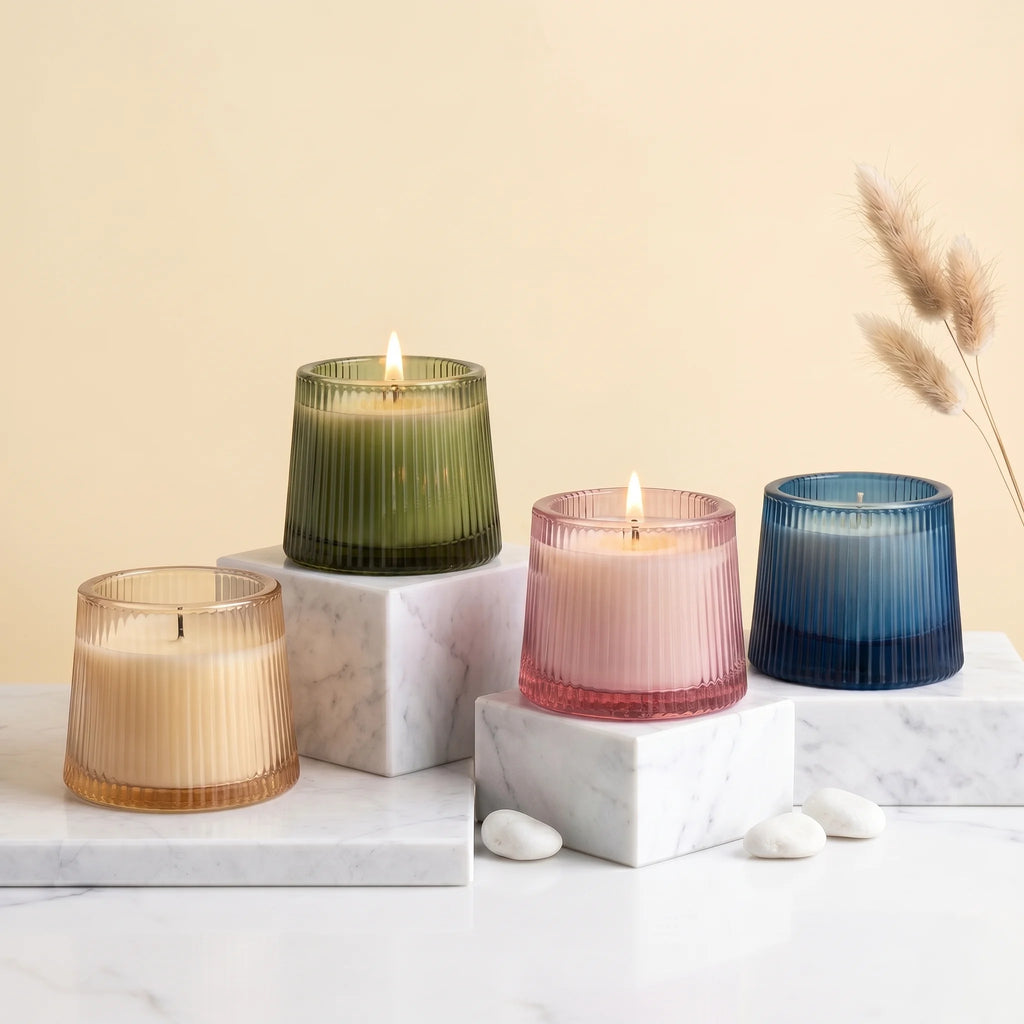 Vanilla Tapered Ribbed Glass Soy Wax Candle | Gift & Décor — Hand-Blown Glass from Firozabad, India | Home Décor, Gifting...