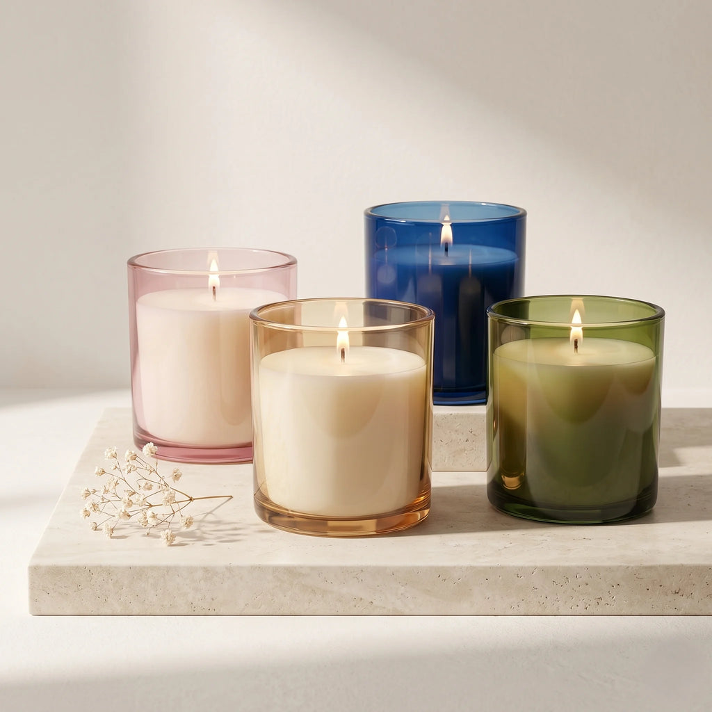 Musk Smooth Coloured Cylinder Glass Soy Wax Candle | 4 Colours — Hand-Blown Glass from Firozabad, India | Home Décor, Gift...