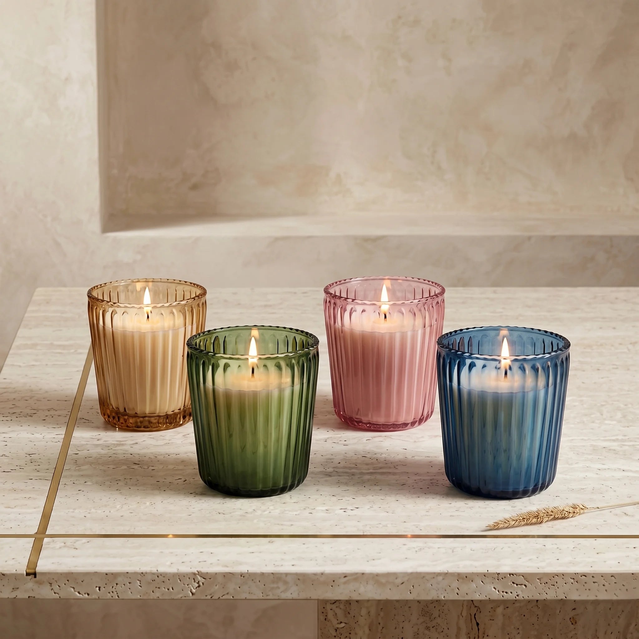 Vanilla Scallop Rim Ribbed Glass Soy Wax Candle | 4 Colours — Hand-Blown Glass from Firozabad, India | Home Décor, Gifting...