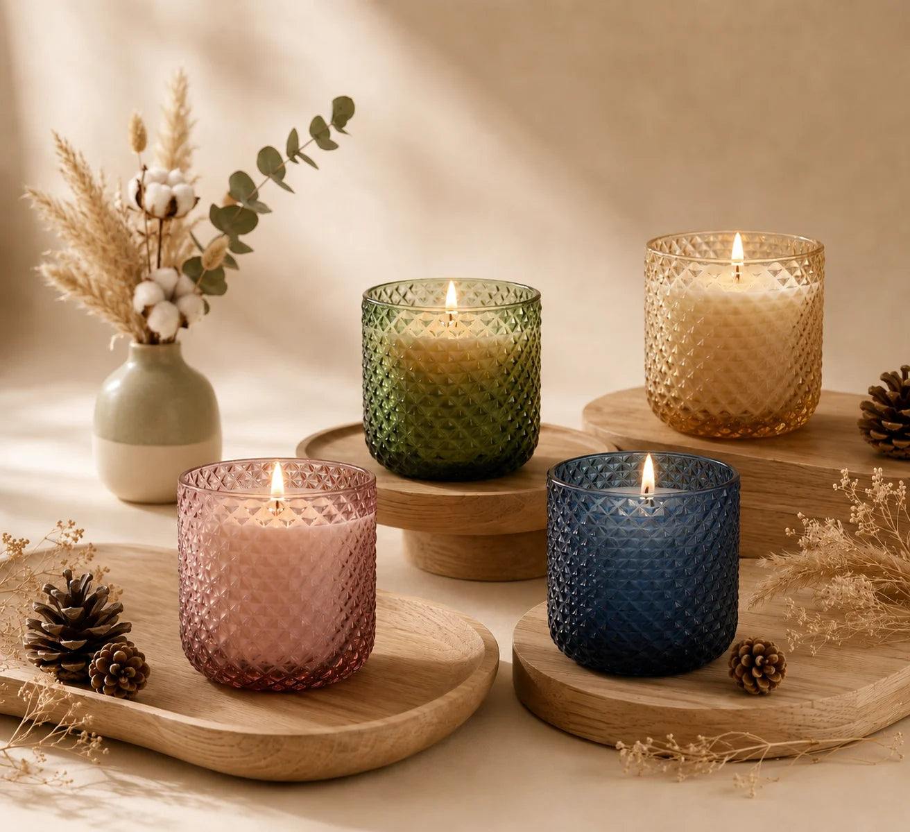 Sandalwood Diamond Crosshatch Glass Soy Wax Candle | Premium Gift — Hand-Blown Glass from Firozabad, India | Luxury Home D...
