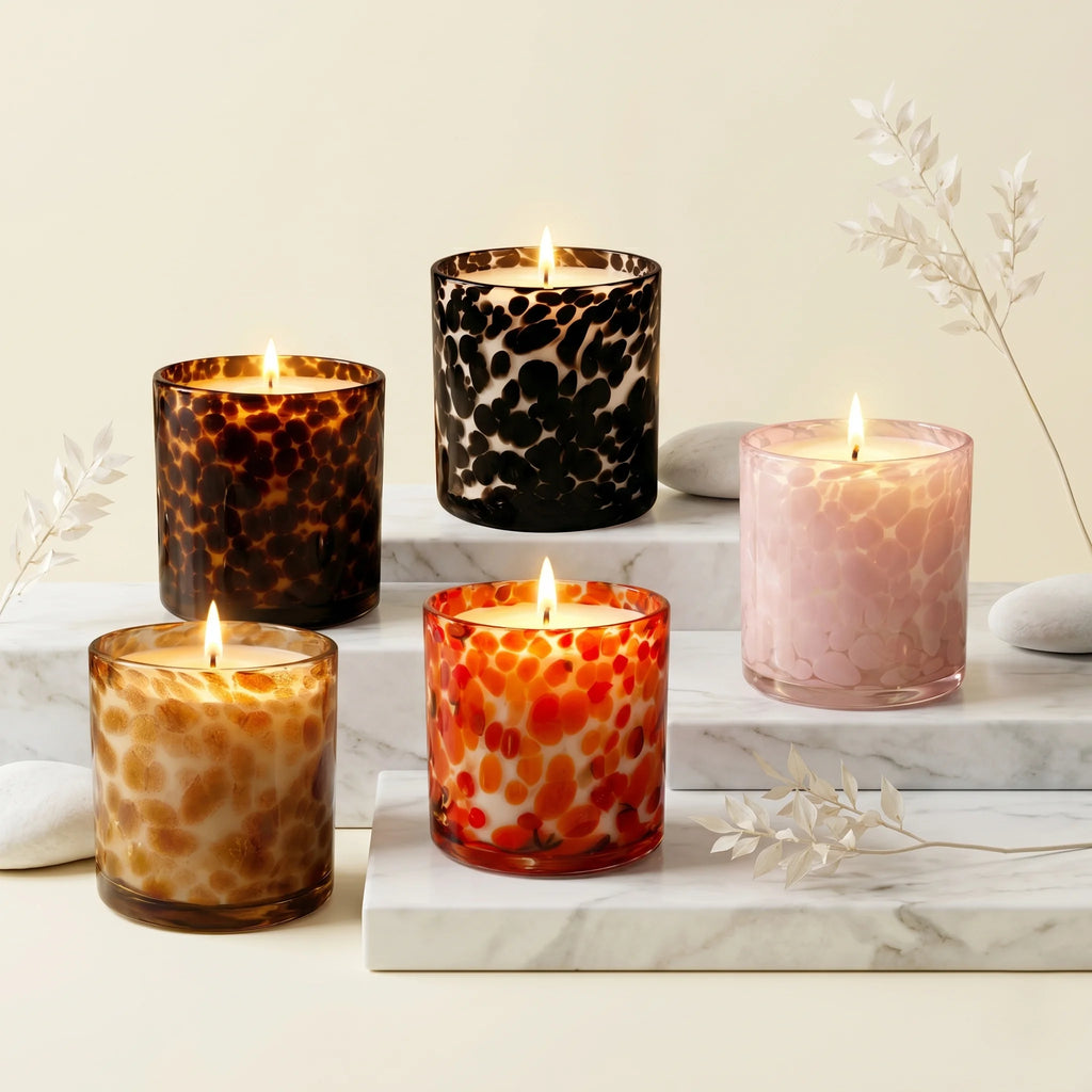 Oud Tortoiseshell Spotted Glass Soy Wax Candle | Unique Luxury — Hand-Blown Glass from Firozabad, India | Luxury Home Déco...