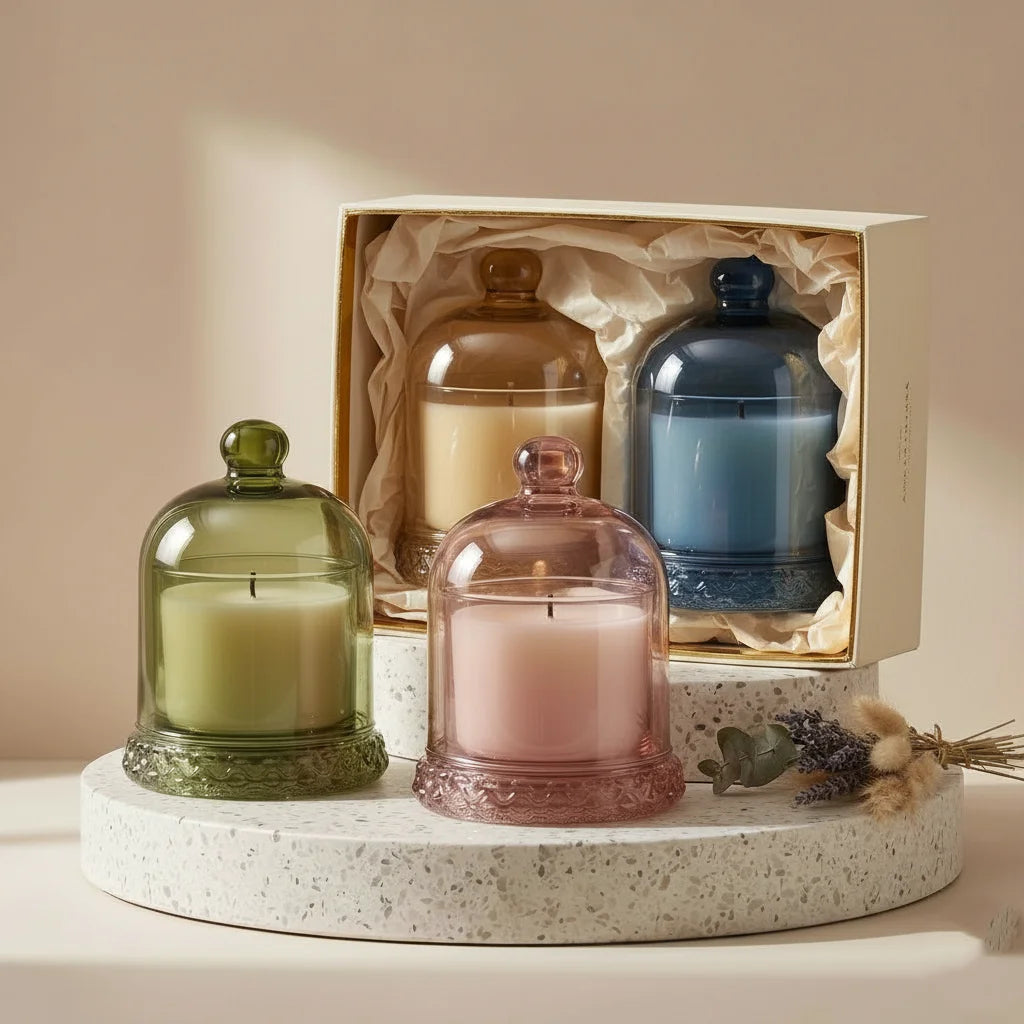 Bell Jar Glass Dome Candle – Coloured Cloche with Decorative Base — Hand-Blown Glass from Firozabad, India — Side Angle View