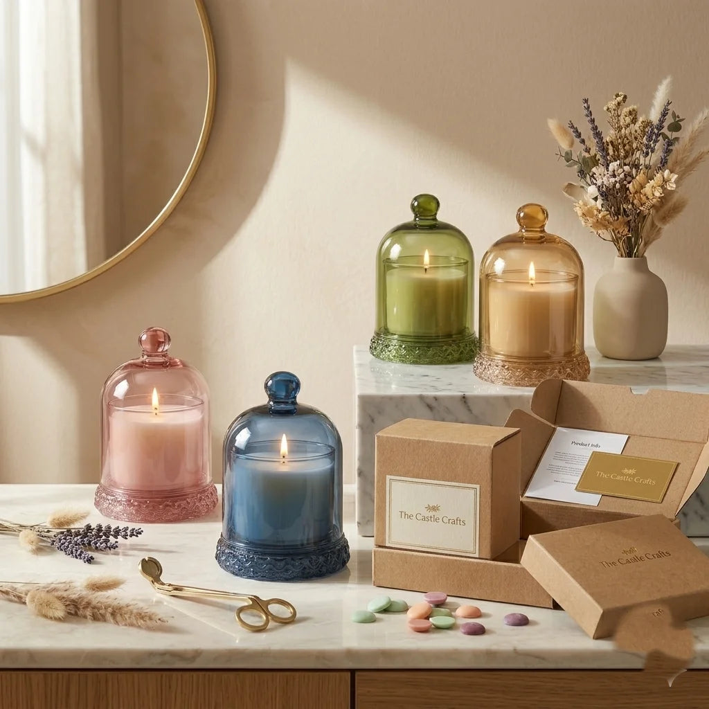 Bell Jar Glass Dome Candle – Coloured Cloche with Decorative Base — Hand-Blown Glass from Firozabad, India — Styled for Ho...
