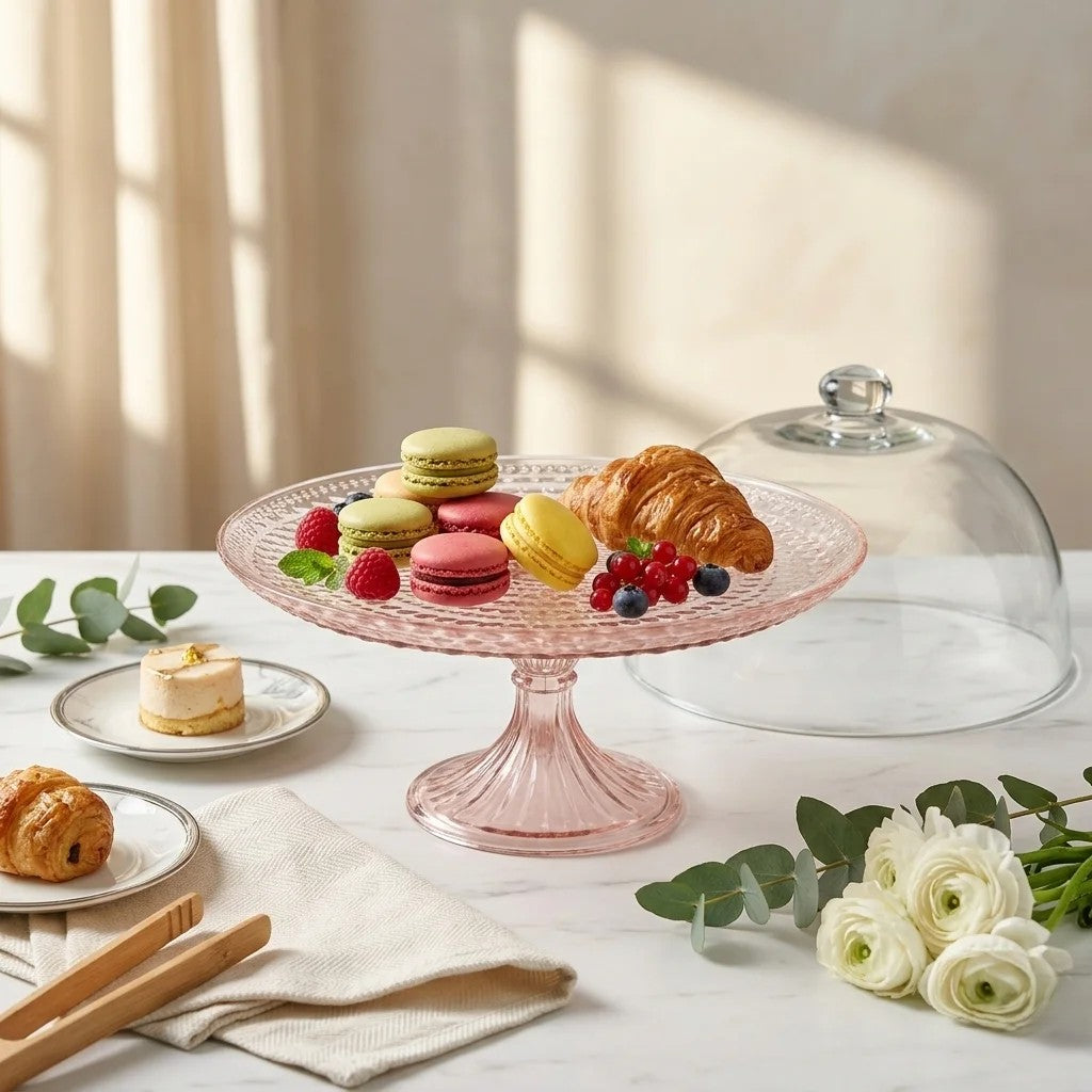Pink Hobnail Glass Cake Dome with Crystal Knob & Blush Pedestal Stand | Luxury — Castle Crafts