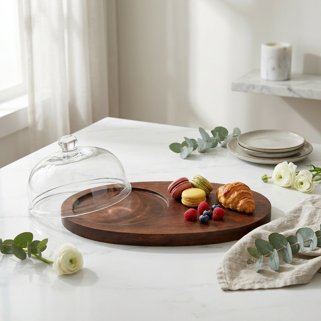 Glass Dome with Round Knob & Dark Walnut Oval Wood Board | Minimalist Luxury — Castle Crafts