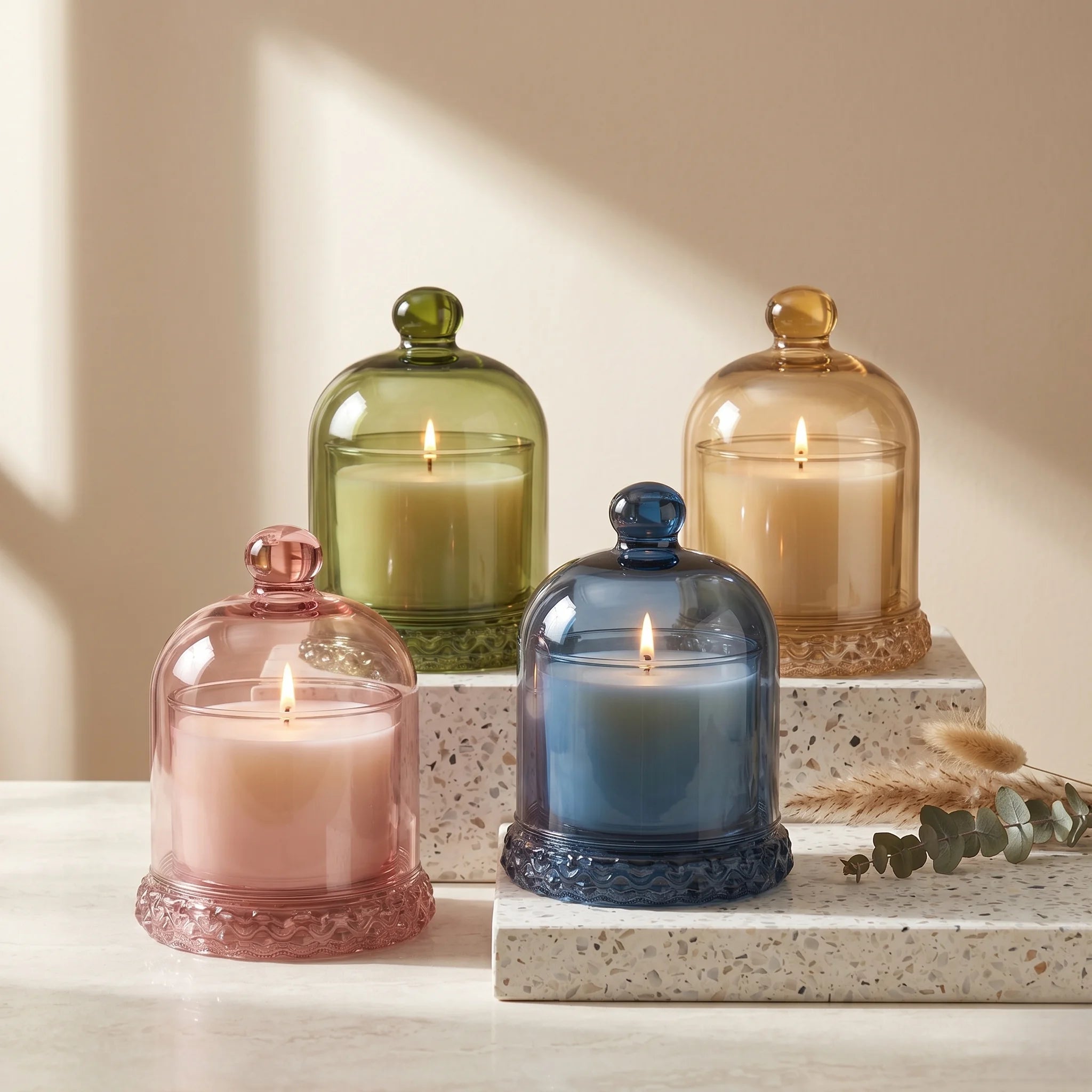 Bell Jar Glass Dome Candle – Coloured Cloche with Decorative Base — Hand-Blown Glass from Firozabad, India — Detail Close-Up