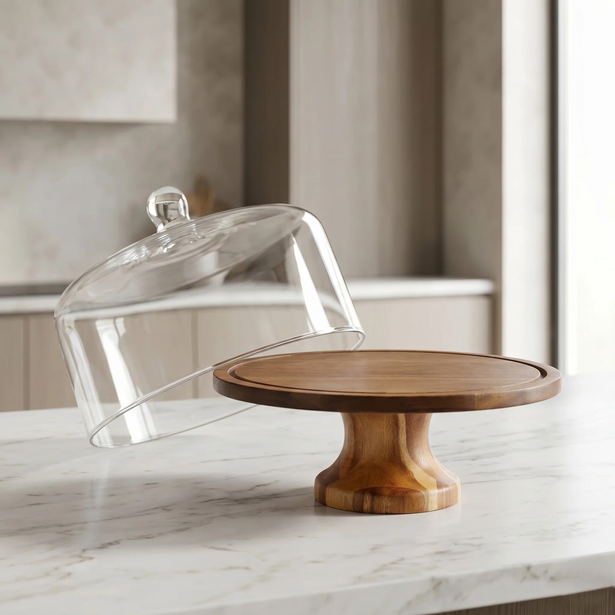 Hand-Blown Glass Dome with Natural Acacia Wood Pedestal Stand | Gifting — Castle Crafts