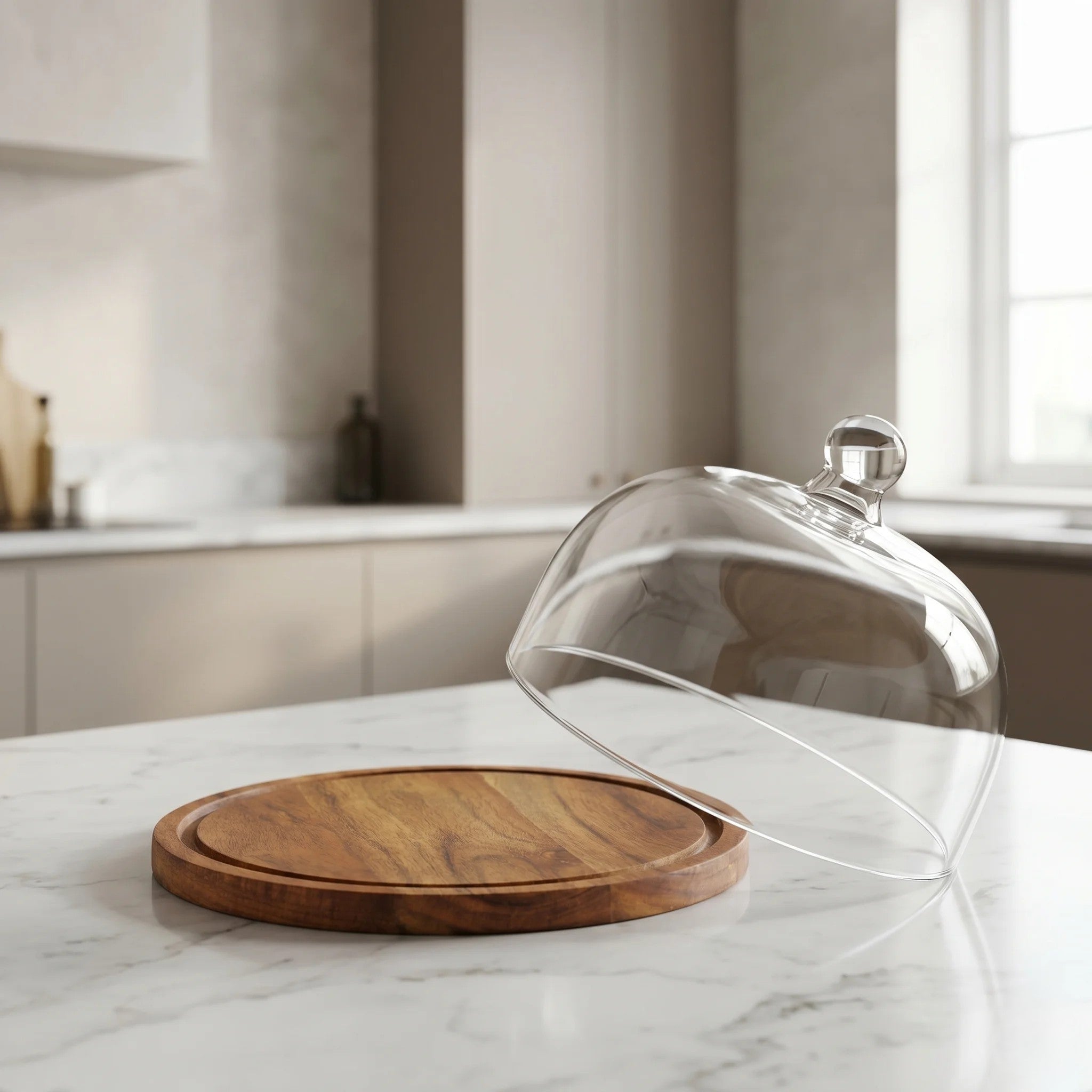 Wide Glass Cake Dome with Round Acacia Wood Board | Cake Display & Gifting — Castle Crafts