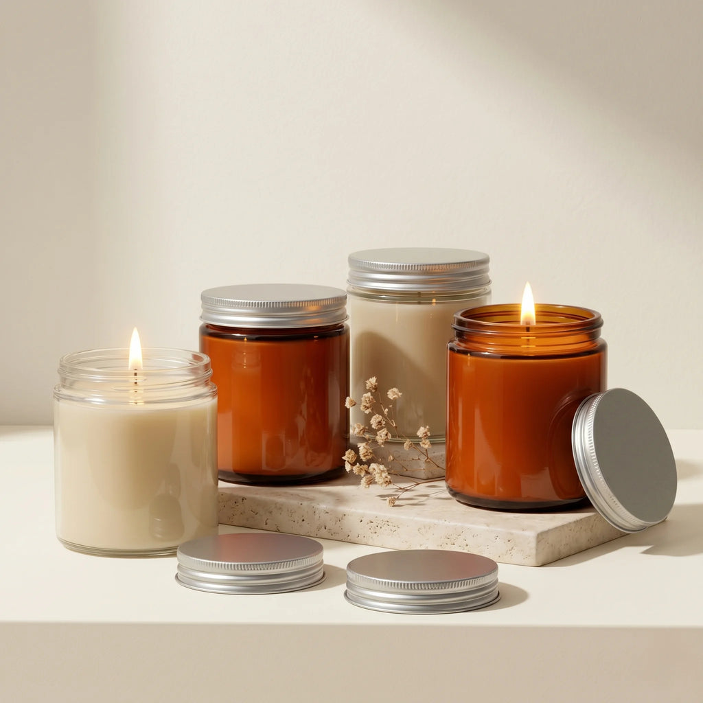 Vanilla Amber Glass Jar Soy Wax Candle | Silver Lid — Hand-Blown Glass from Firozabad, India | Home Décor, Gifting & Aroma...