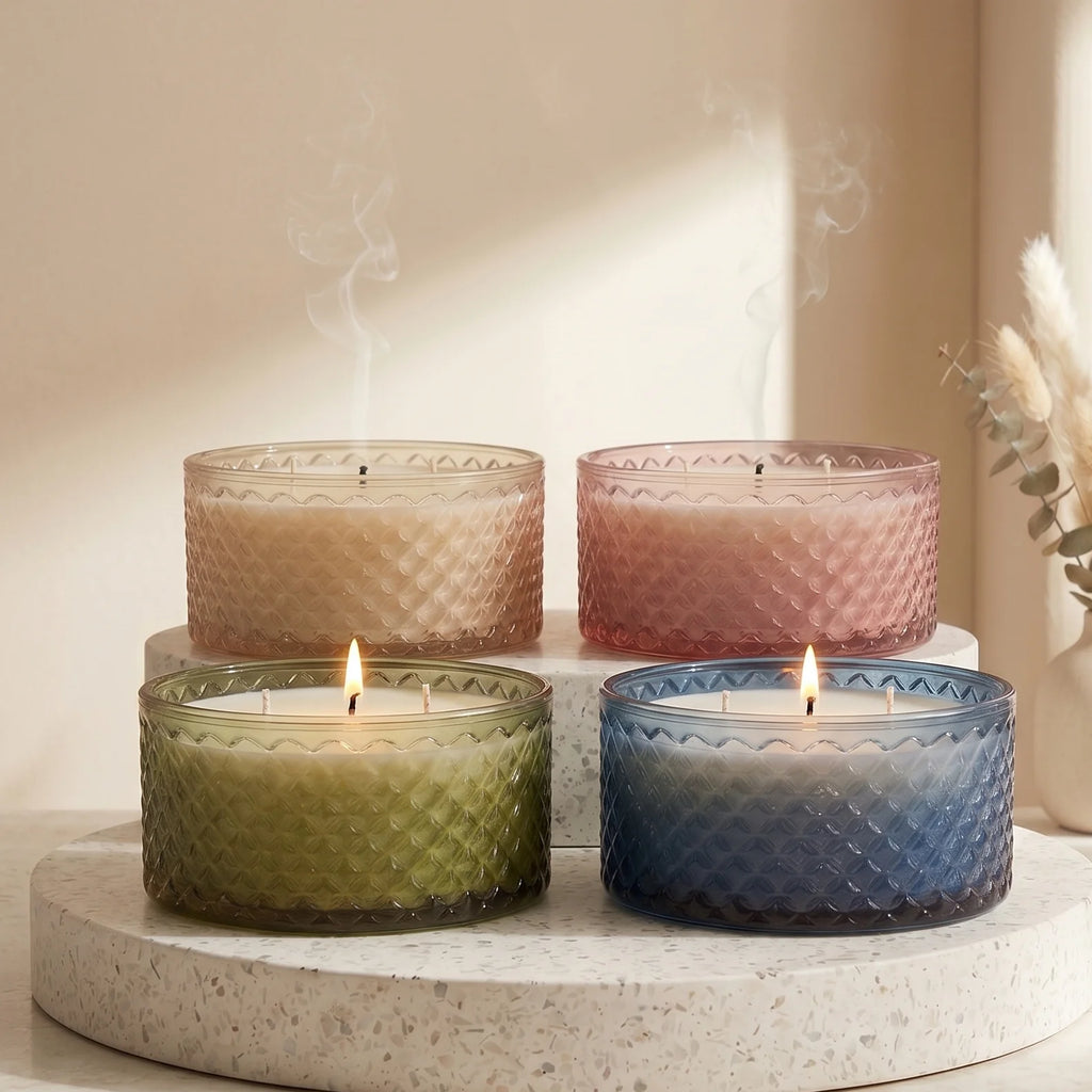 Musk 3-Wick Diamond Texture Glass Bowl Candle | Large Luxury — Hand-Blown Glass from Firozabad, India | Luxury Home Décor...