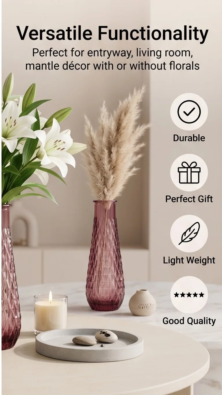 Diamond Lattice Slim Glass Vase — Hand-Blown Glass from Firozabad, India — Multi-Angle Showcase