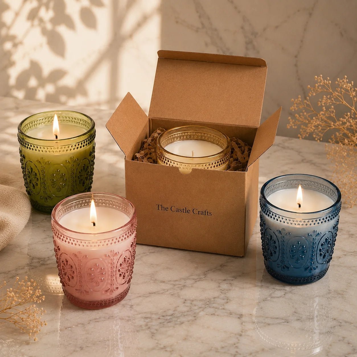 Jasmine Baroque Embossed Glass Soy Wax Candle | Luxury Gift — Hand-Blown Glass from Firozabad, India — Side Angle View