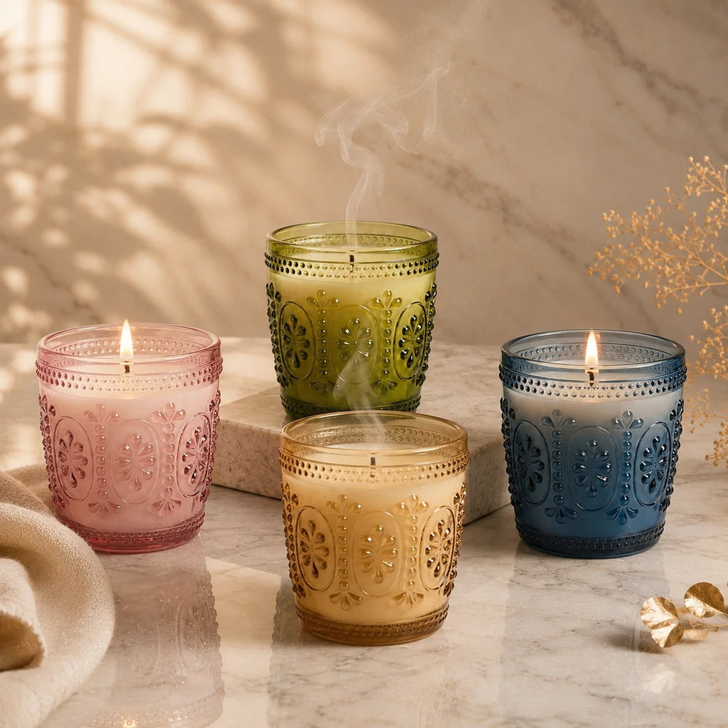 Jasmine Baroque Embossed Glass Soy Wax Candle | Luxury Gift — Hand-Blown Glass from Firozabad, India — Styled for Home Décor