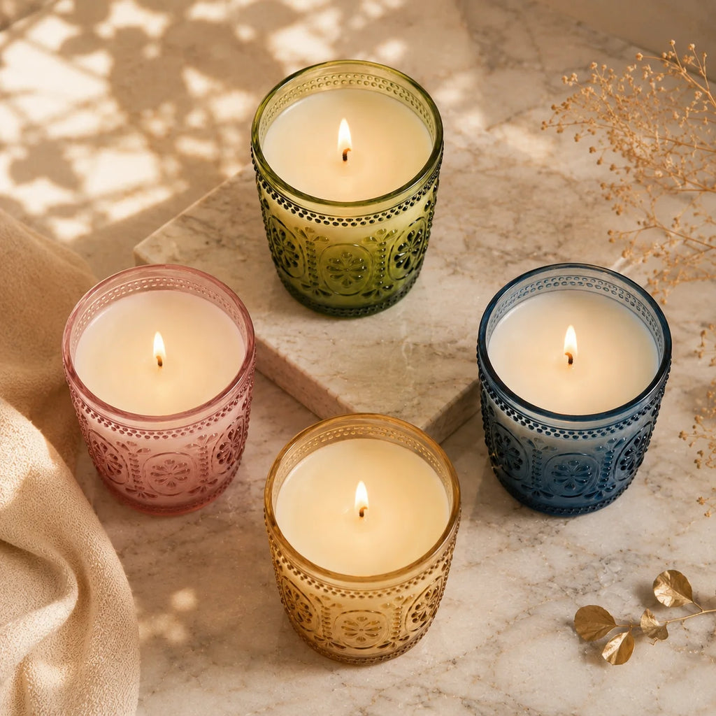 Jasmine Baroque Embossed Glass Soy Wax Candle | Luxury Gift — Hand-Blown Glass from Firozabad, India — Detail Close-Up