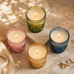 Jasmine Baroque Embossed Glass Soy Wax Candle | Luxury Gift — Hand-Blown Glass from Firozabad, India — Detail Close-Up