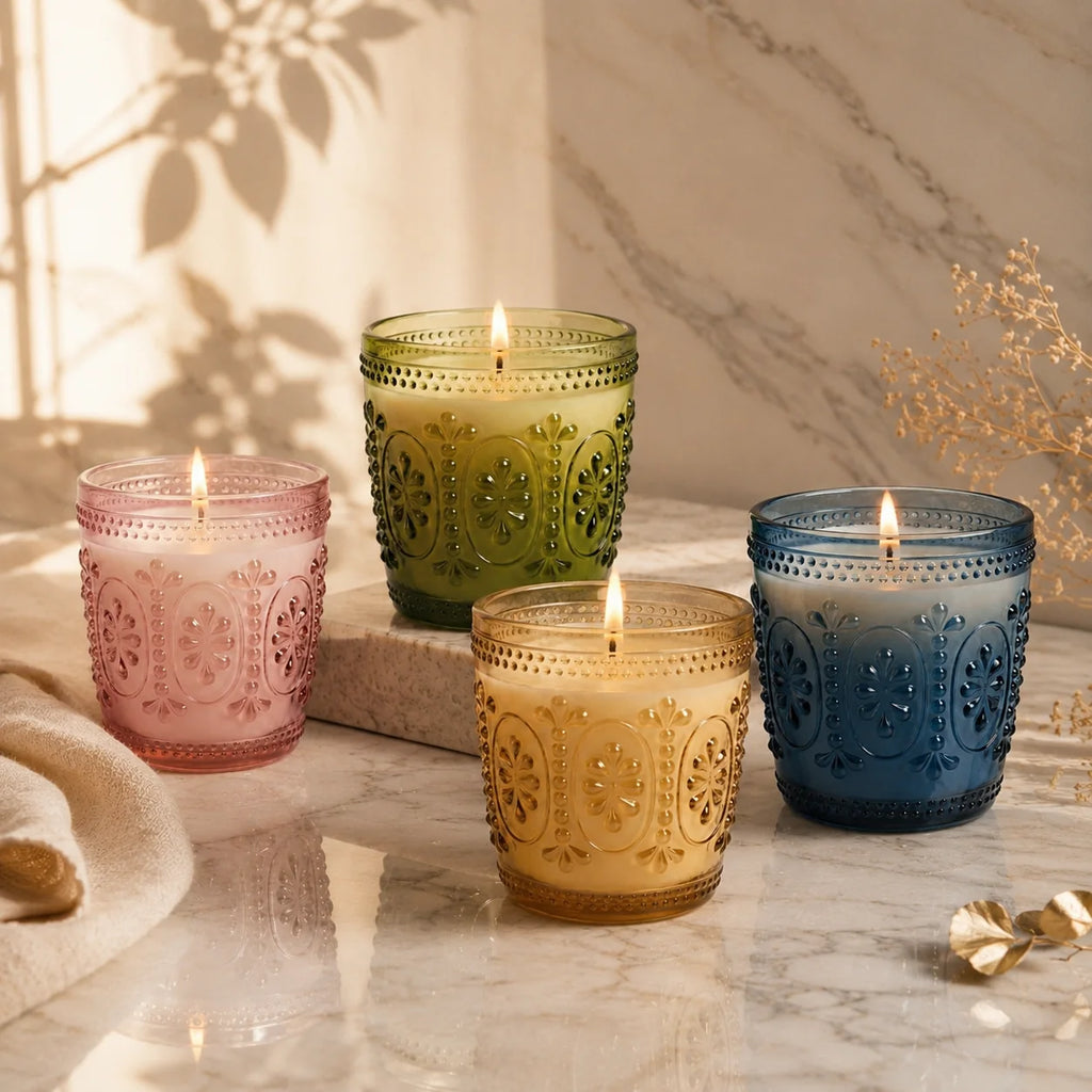 Jasmine Baroque Embossed Glass Soy Wax Candle | Luxury Gift — Hand-Blown Glass from Firozabad, India — Lifestyle Setting