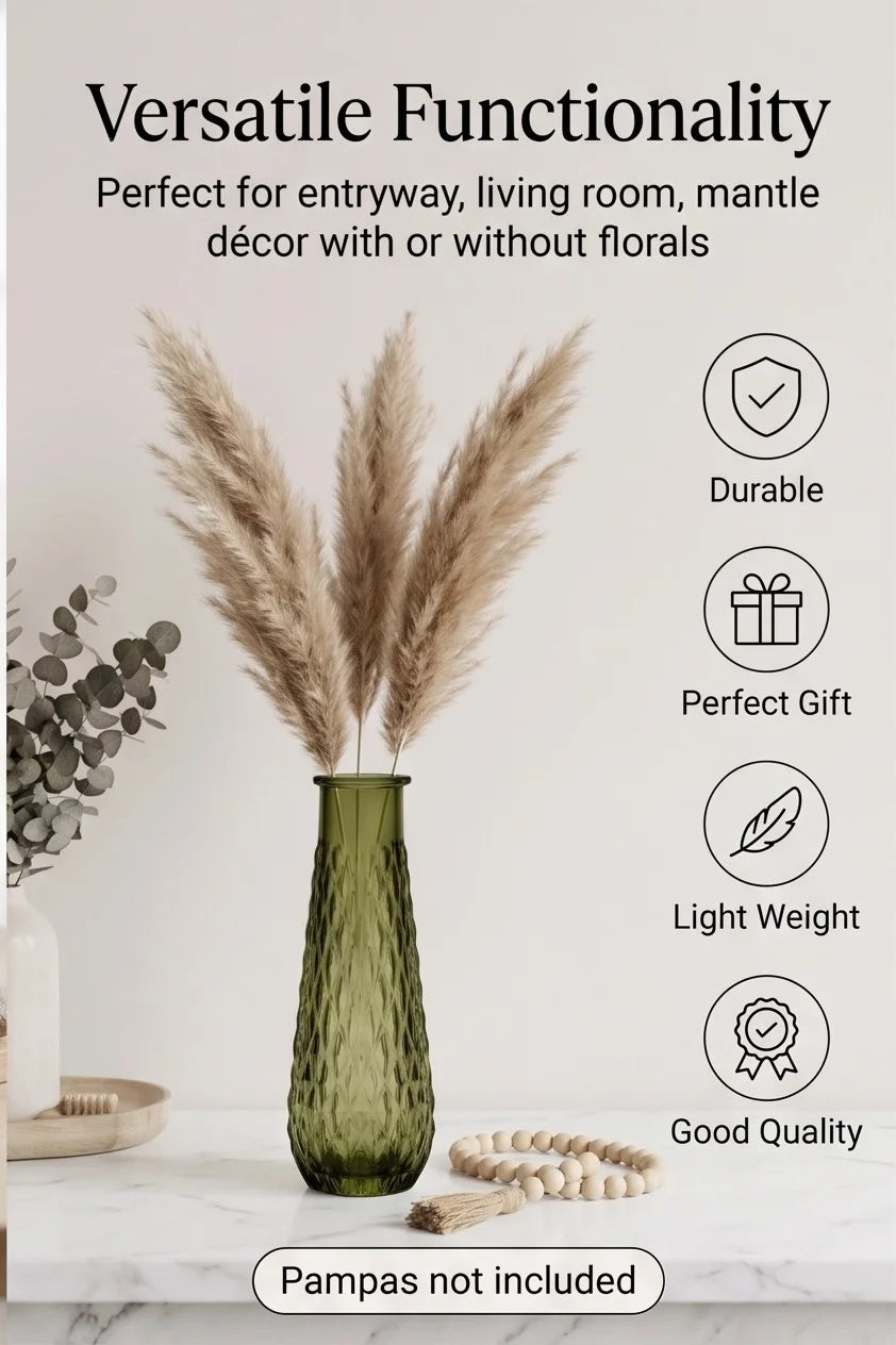 Diamond Lattice Slim Glass Vase — Hand-Blown Glass from Firozabad, India — Tabletop View