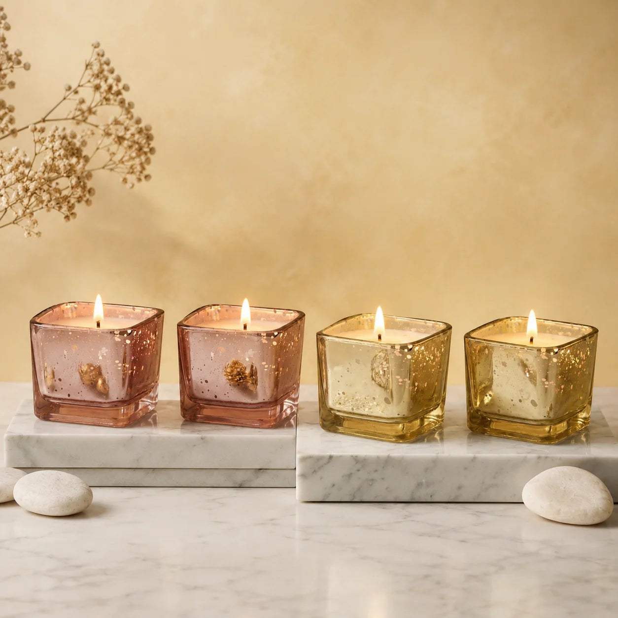 Vanilla Mercury Square Glass Soy Wax Candle | Luxury Gift — Hand-Blown Glass from Firozabad, India — Lifestyle Setting