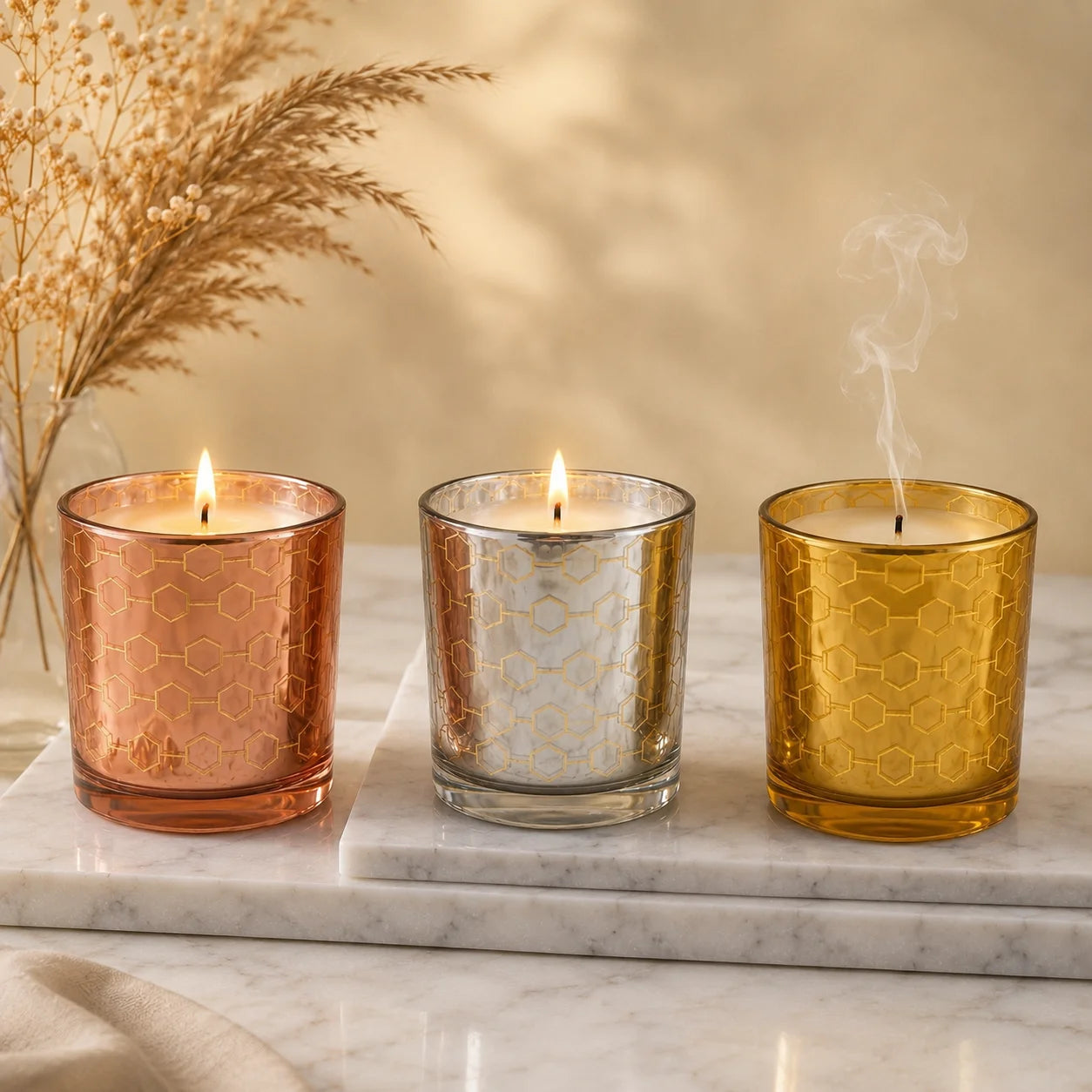 Rose Honeycomb Glass Soy Wax Candle | Premium Home Décor — Hand-Blown Glass from Firozabad, India — Side Angle View
