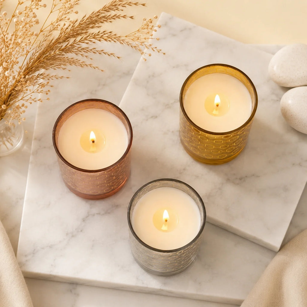 Rose Honeycomb Glass Soy Wax Candle | Premium Home Décor — Hand-Blown Glass from Firozabad, India — Styled for Home Décor