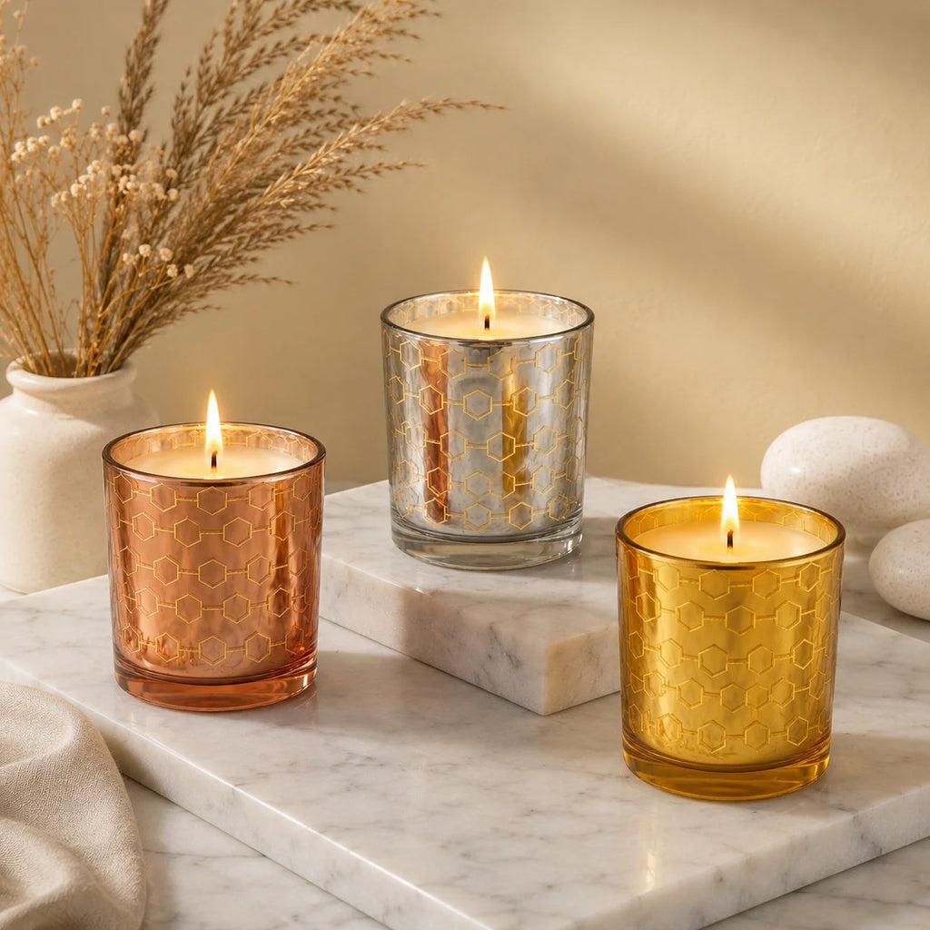 Rose Honeycomb Glass Soy Wax Candle | Premium Home Décor — Hand-Blown Glass from Firozabad, India — Lifestyle Setting