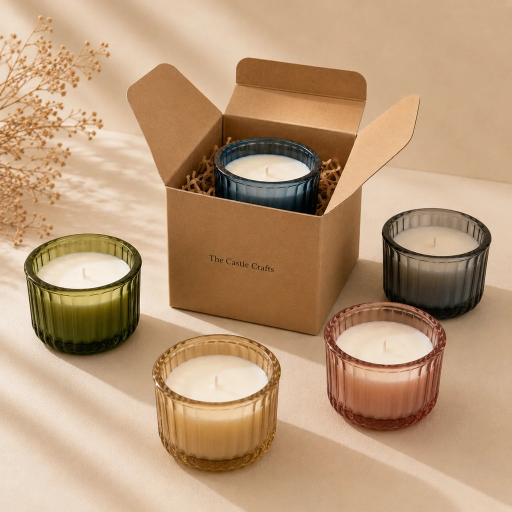 Oud Wide Ribbed Bowl Glass Soy Wax Candle | Pack of 2 — Hand-Blown Glass from Firozabad, India — Side Angle View