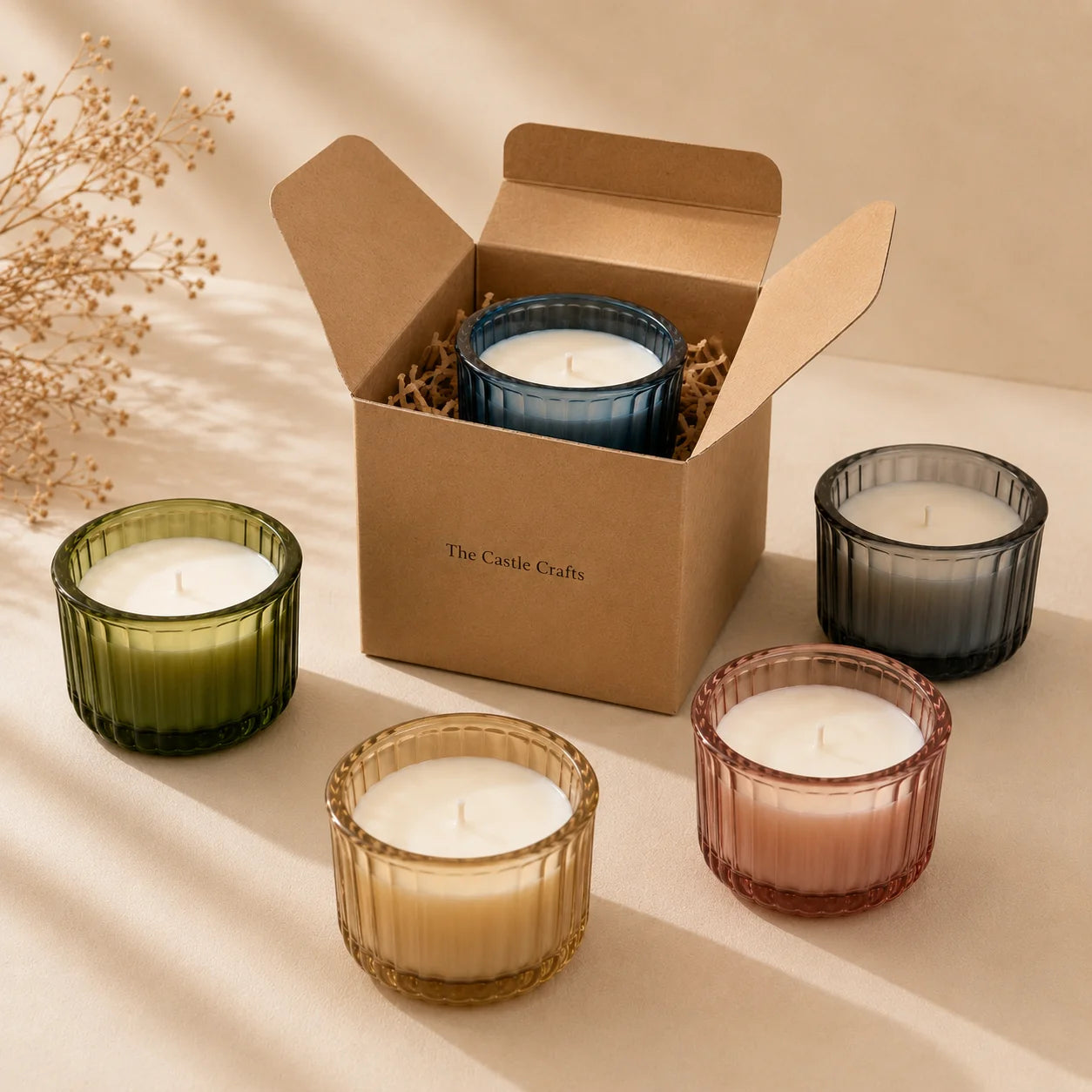 Oud Wide Ribbed Bowl Glass Soy Wax Candle | Pack of 2 — Hand-Blown Glass from Firozabad, India — Side Angle View
