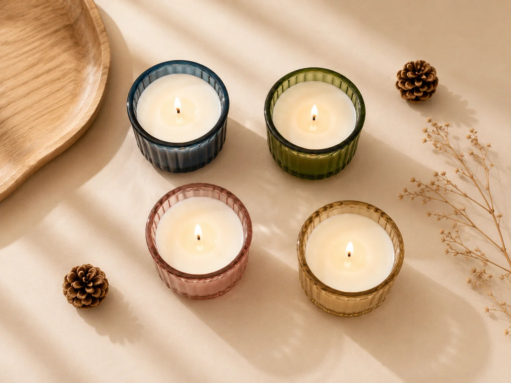 Oud Wide Ribbed Bowl Glass Soy Wax Candle | Pack of 2 — Hand-Blown Glass from Firozabad, India — Detail Close-Up