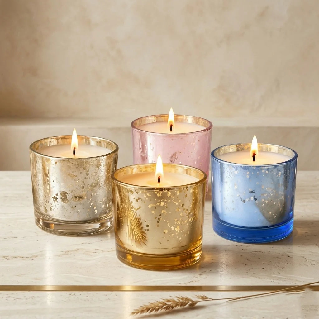 Sandalwood Mercury Glass Votive Soy Wax Candle | 4 Colours — Hand-Blown Glass from Firozabad, India | Home Décor, Gifting...
