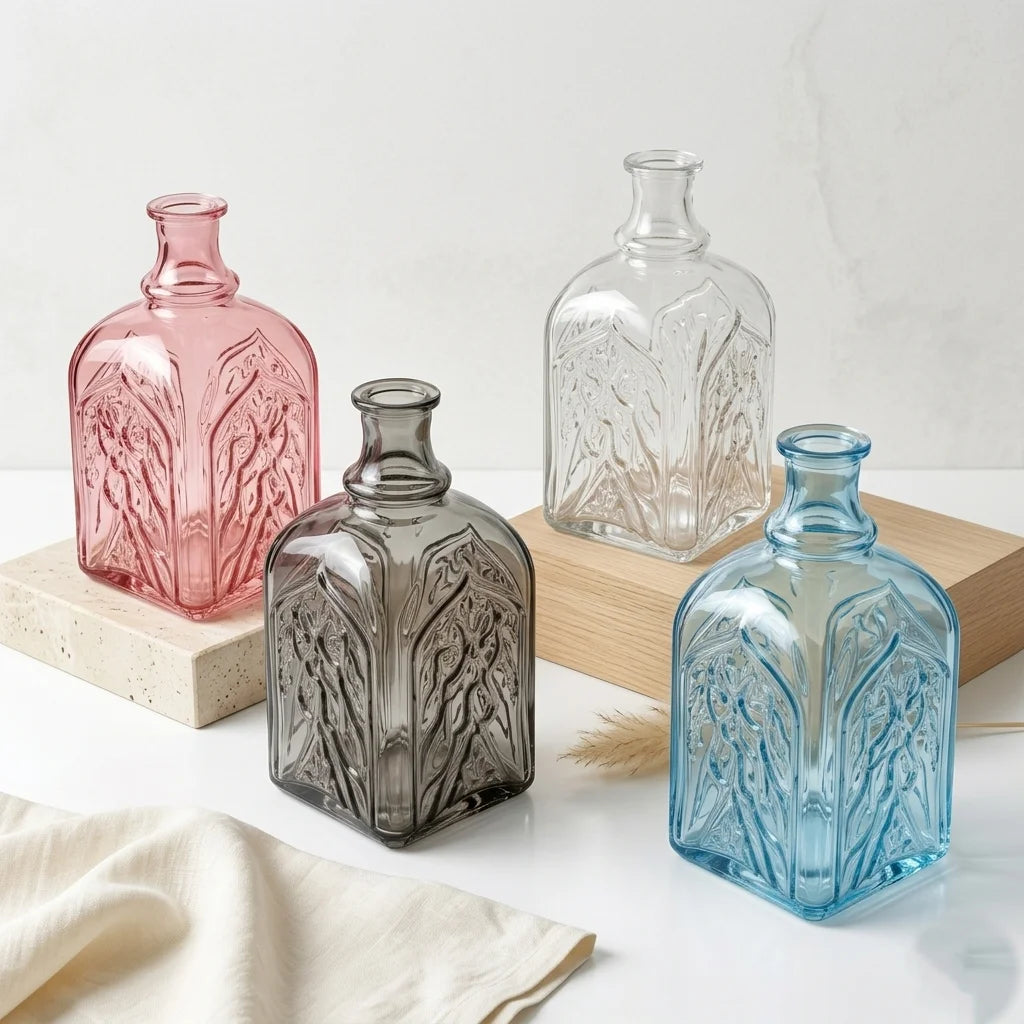 Gothic Cathedral Embossed Glass Vase — Hand-Blown Glass from Firozabad, India — Side Angle View