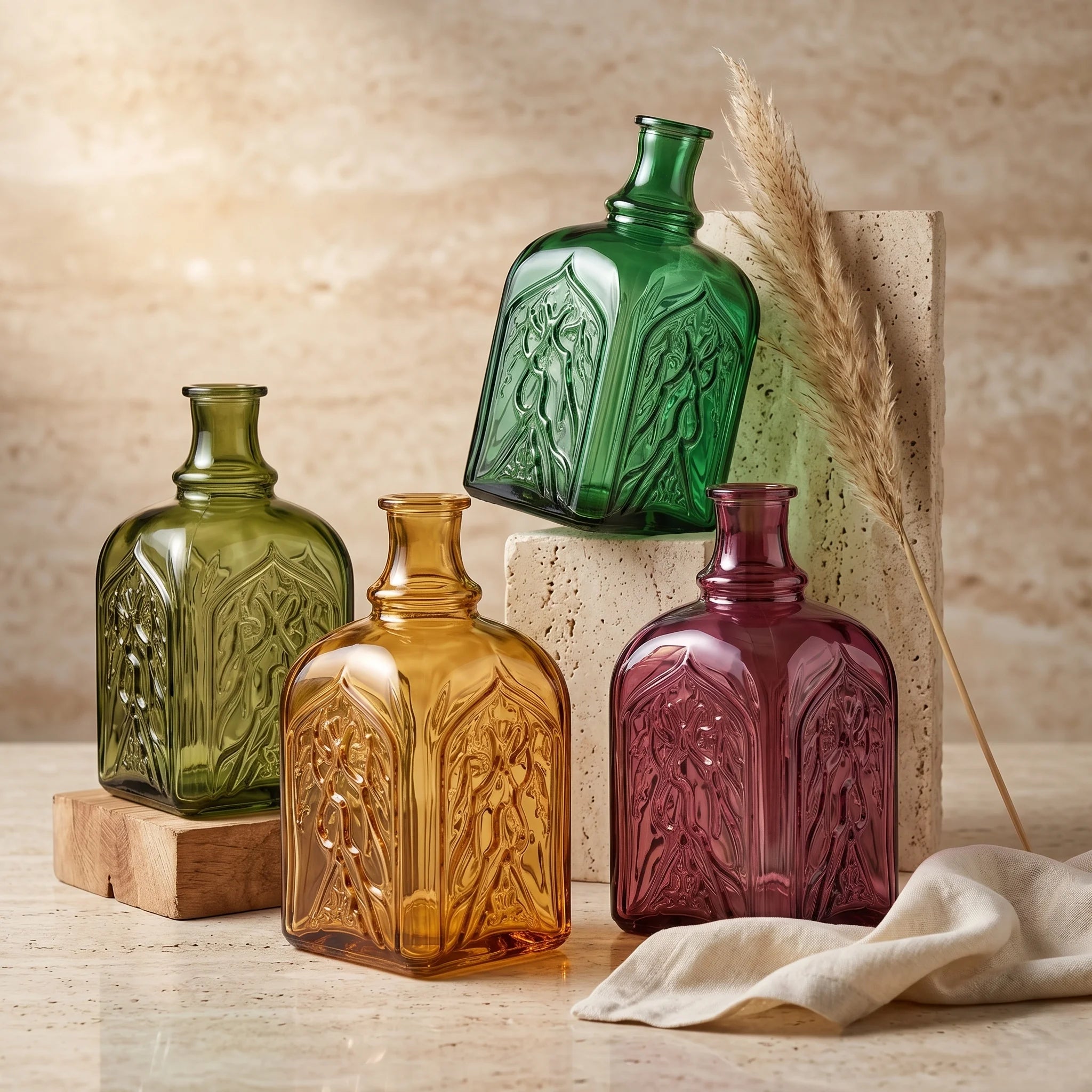 Jewel Gothic Embossed Glass Vase — Hand-Blown Glass from Firozabad, India — Detail Close-Up
